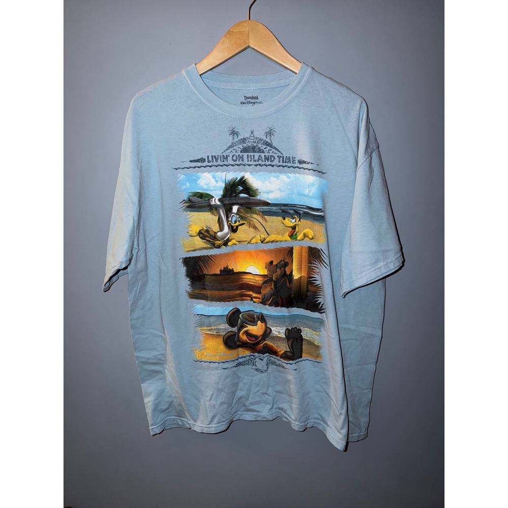 Disney Parks Livin On Island Time Mickey Donald Pluto Goofy Blue Shirt XL